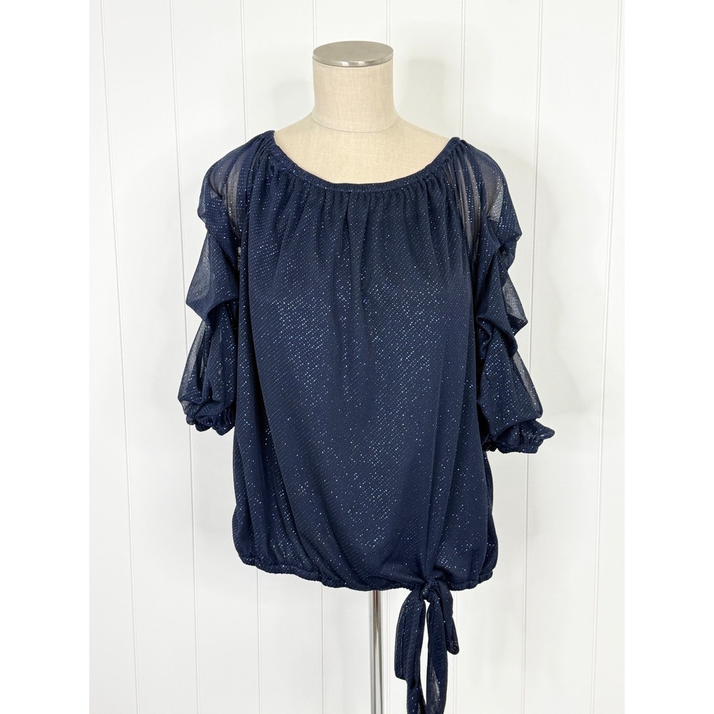 MSK Navy Glitter Ruffle Sleeve Blouse Top Womens M NWT Evening Party Tie Hem
